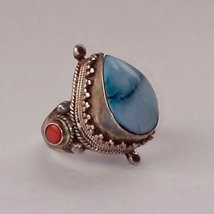 VTG Turquoise & Coral Sterling Silver Ring Sz 7.5